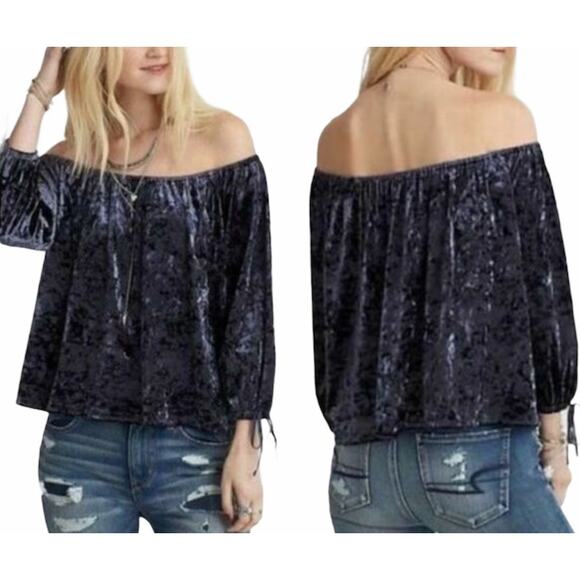American Eagle Outfitters Tops - American Eagle Velvet Top XL Navy Blue Off Shoulder Boho Gothcore Whimsigoth